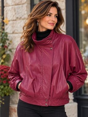 Fushia genuine Leather crop jacket